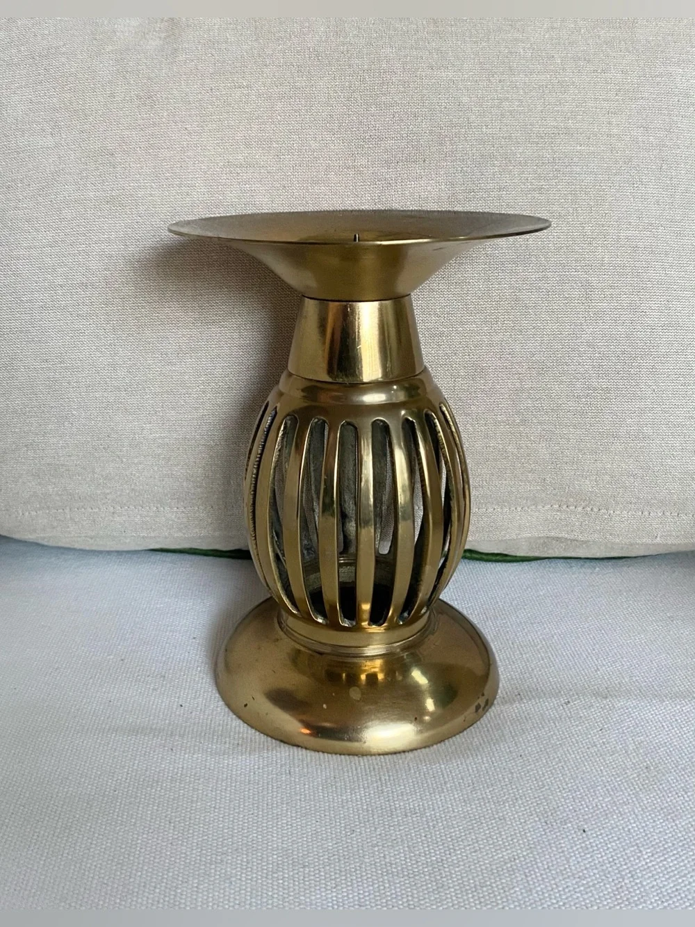 Vintage Brass Pillar Candle Holder Caged Slatted Design Hollywood Regency 6.5”